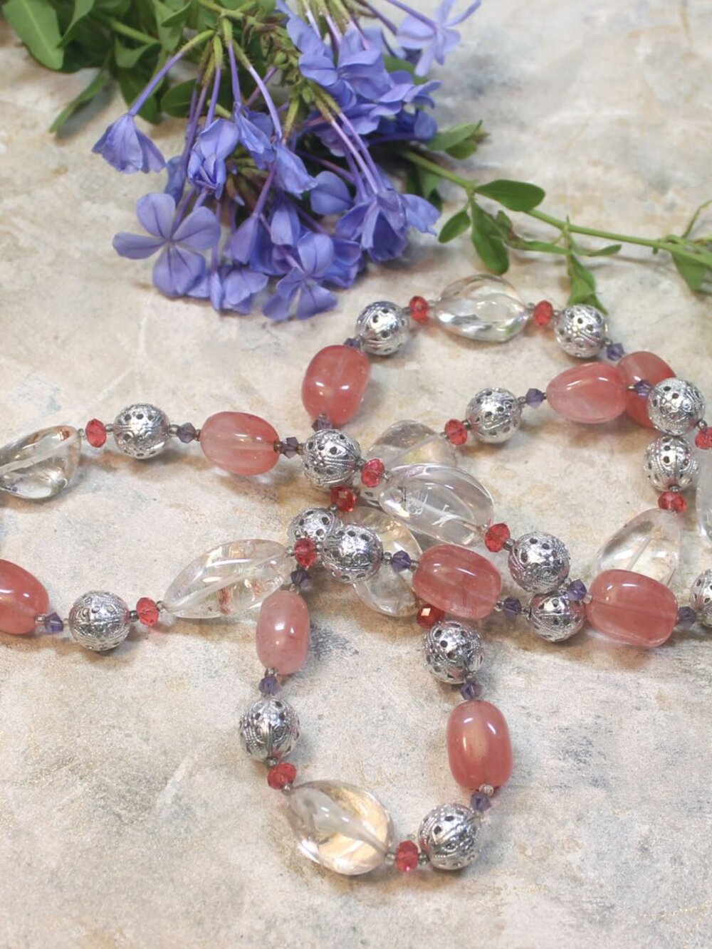 Chunky Crystal and Quartz Necklace, Pink and White Necklace